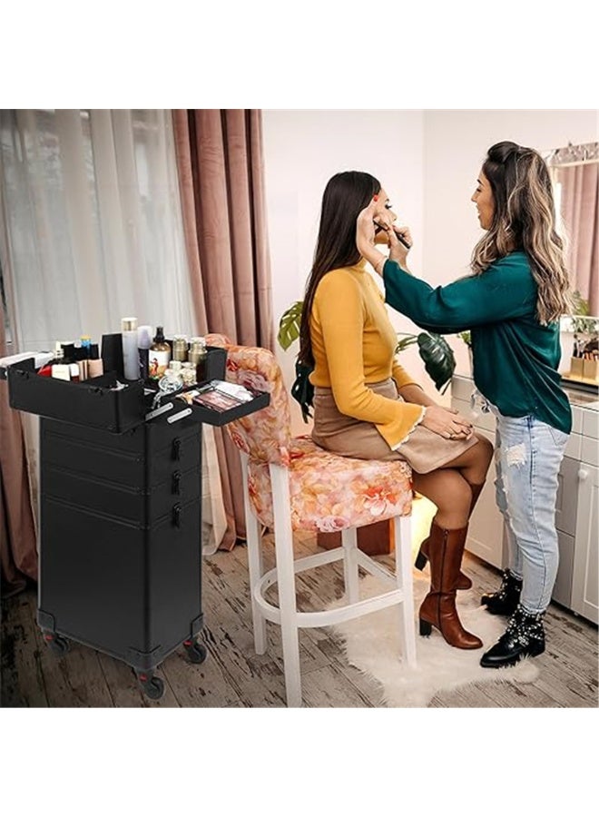 حالة ماكياج المهنية حالة ماكياج عربة الحالة، ماكياج كبير قطار حالة المتداول ماكياج منظم مربع، قفل المجوهرات السفر مستحضرات التجميل حالة القطار مع 4 عجلات (أسود، 3 طبقة) - Image 5